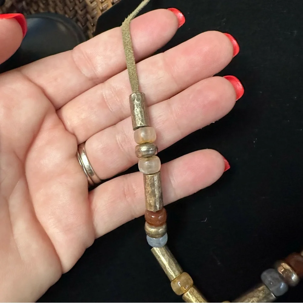 Boho Beaded Round Hammered Medallion Leather Necklace
